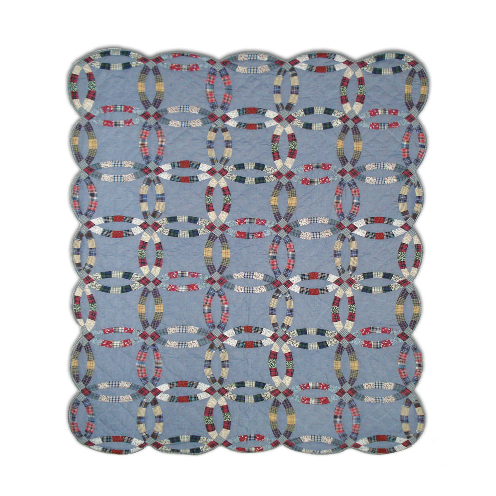 Denim Double Wedding ring Queen Quilt 85"W x 95"L