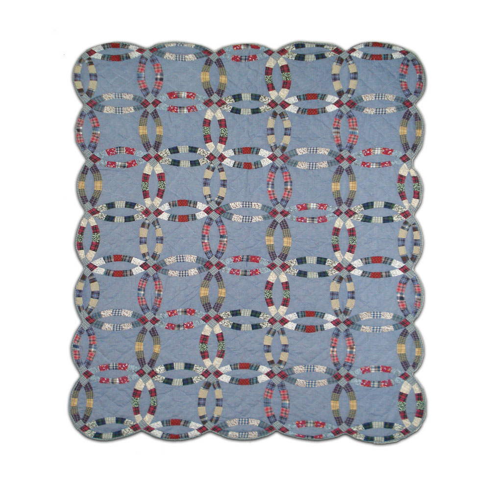 Denim Double Wedding ring Twin Quilt 65"W x 85"L