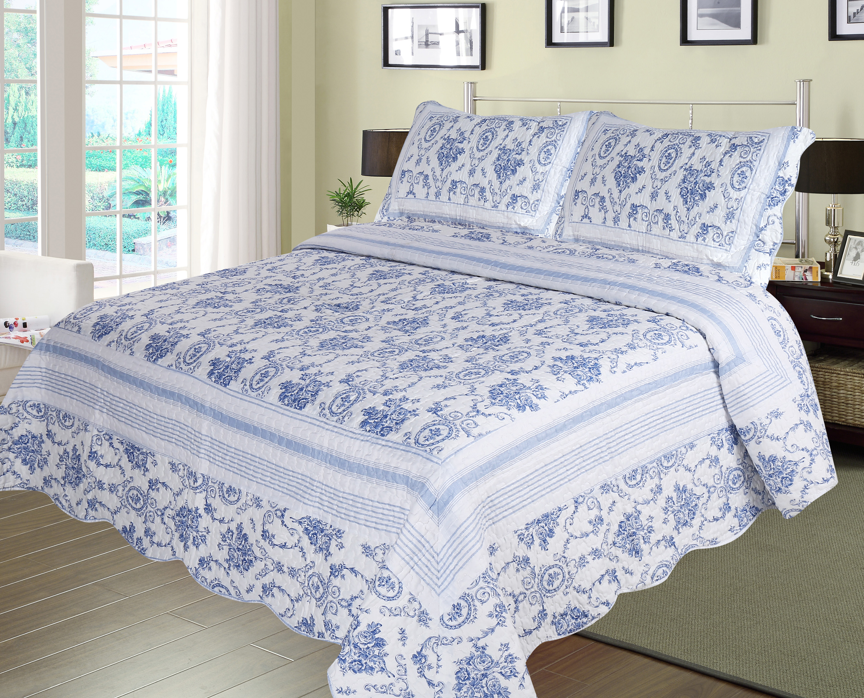 Blue Wisteria Lattice 3 piece set, super queen-92"x96",2-standard pillow shams